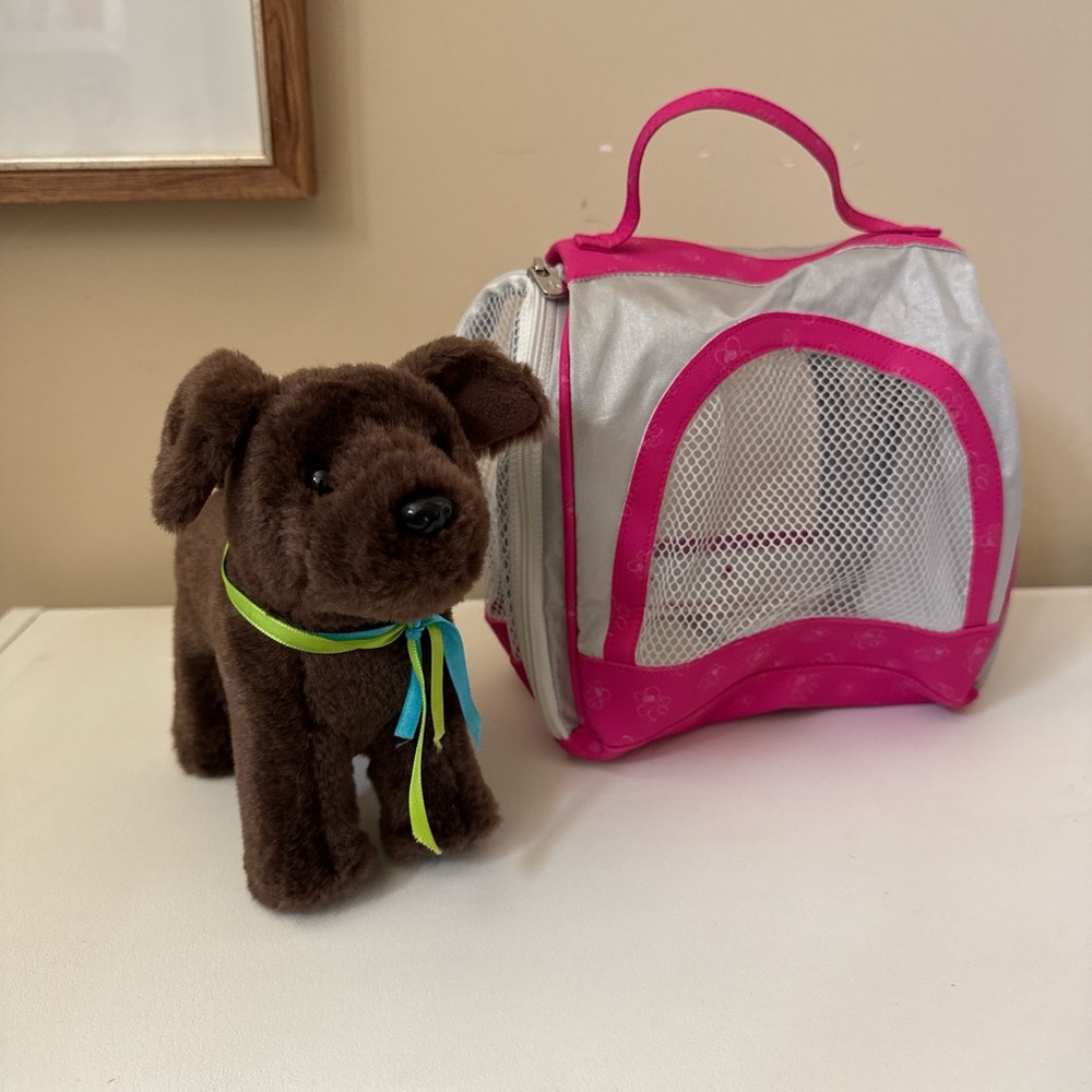 American Girl Brown Plush Dog with Pink and Silver Carrier